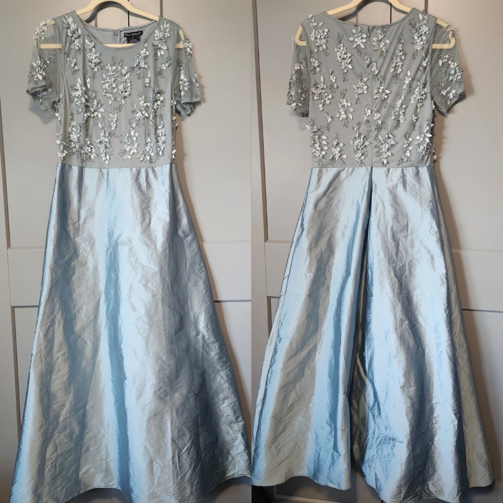 Pisarro Nights Beaded Floral Mesh & Satin A-Line Gown Blue Grey Size 2 Gray NWOT